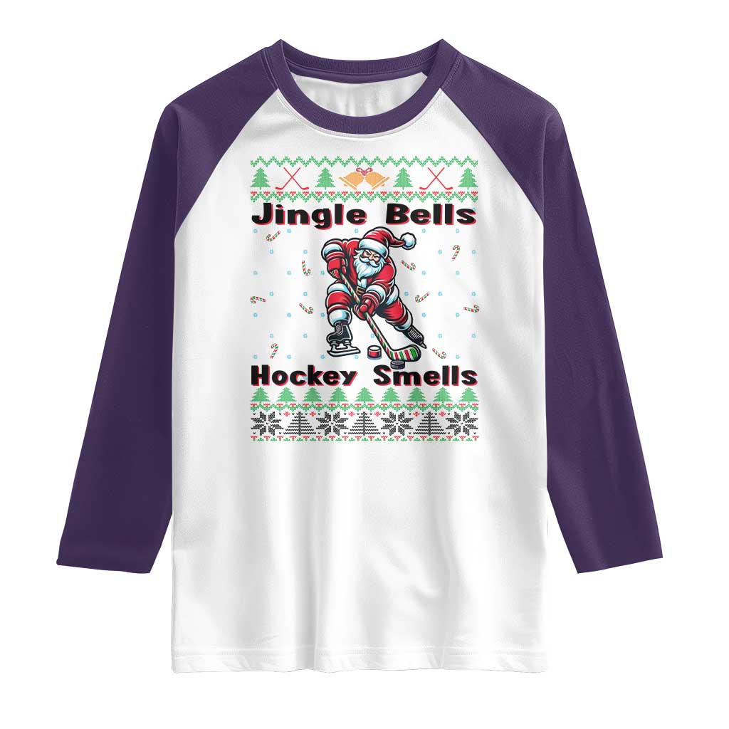 Ugly Christmas Sweater Santa Playing Hockey Raglan Shirt Jingle Bells Hockey Smells - Wonder Print Shop