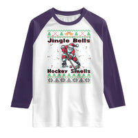 Ugly Christmas Sweater Santa Playing Hockey Raglan Shirt Jingle Bells Hockey Smells - Wonder Print Shop
