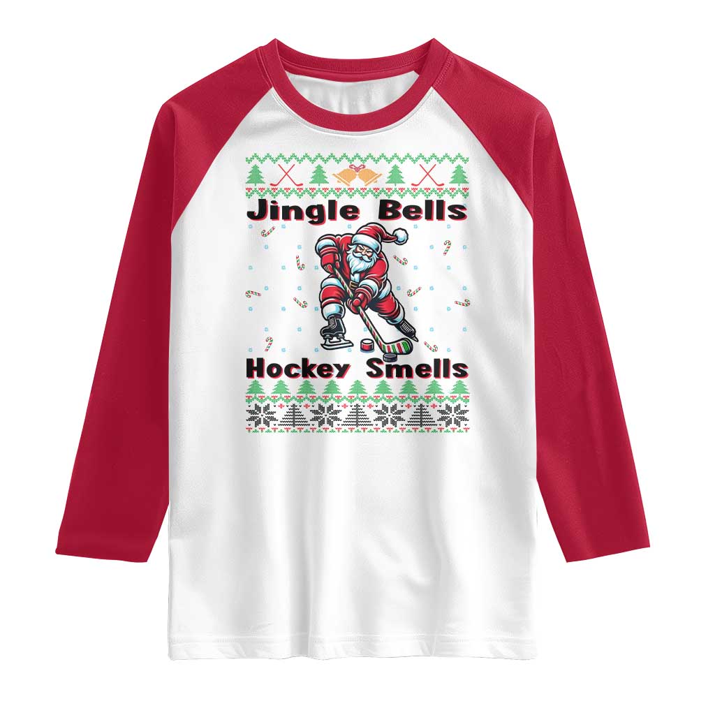 Ugly Christmas Sweater Santa Playing Hockey Raglan Shirt Jingle Bells Hockey Smells - Wonder Print Shop