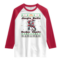 Ugly Christmas Sweater Santa Playing Hockey Raglan Shirt Jingle Bells Hockey Smells - Wonder Print Shop