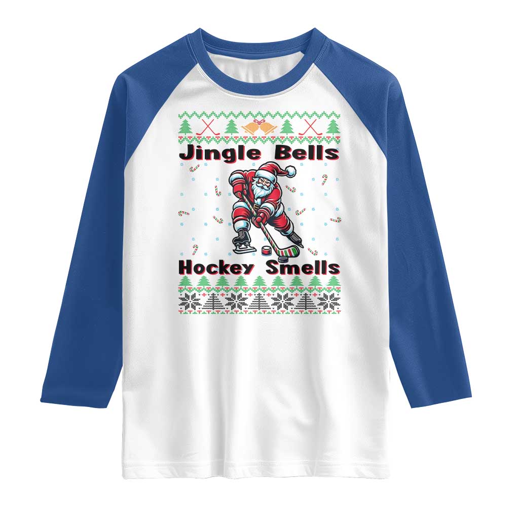 Ugly Christmas Sweater Santa Playing Hockey Raglan Shirt Jingle Bells Hockey Smells - Wonder Print Shop