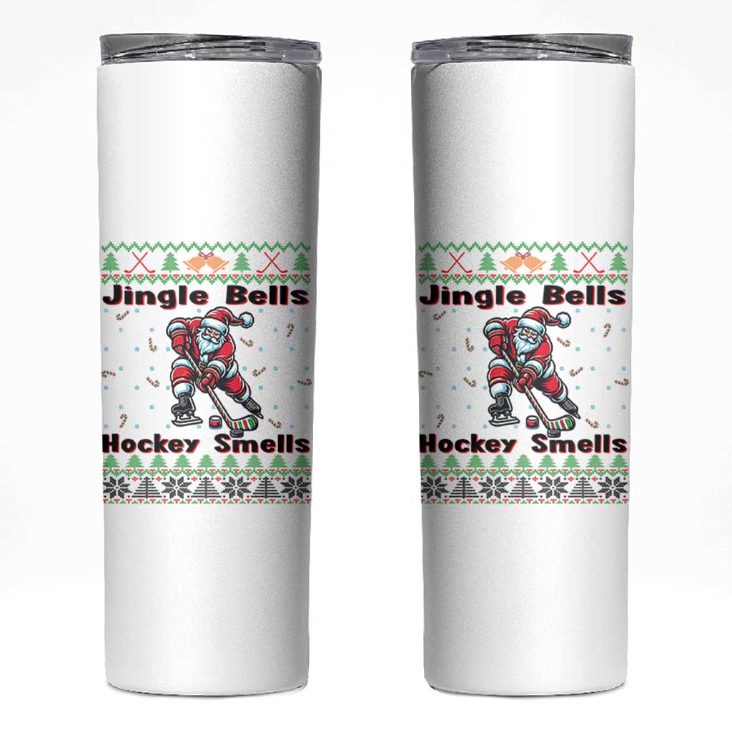 Ugly Christmas Sweater Santa Playing Hockey Skinny Tumbler Jingle Bells Hockey Smells - Wonder Print Shop