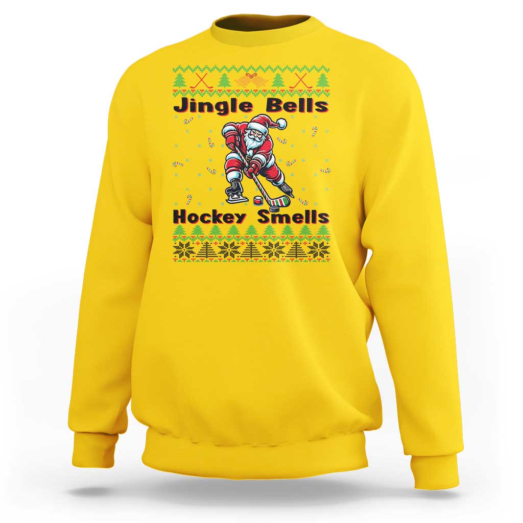 Ugly Christmas Sweater Santa Playing Hockey Sweatshirt Jingle Bells Hockey Smells - Wonder Print Shop