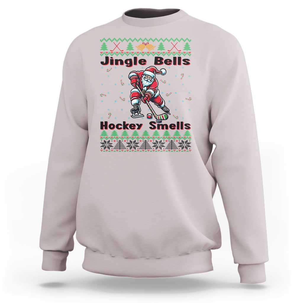 Ugly Christmas Sweater Santa Playing Hockey Sweatshirt Jingle Bells Hockey Smells - Wonder Print Shop