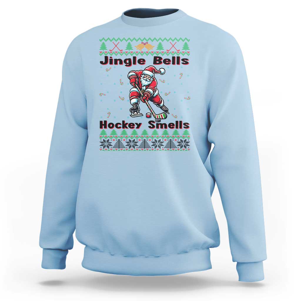 Ugly Christmas Sweater Santa Playing Hockey Sweatshirt Jingle Bells Hockey Smells - Wonder Print Shop