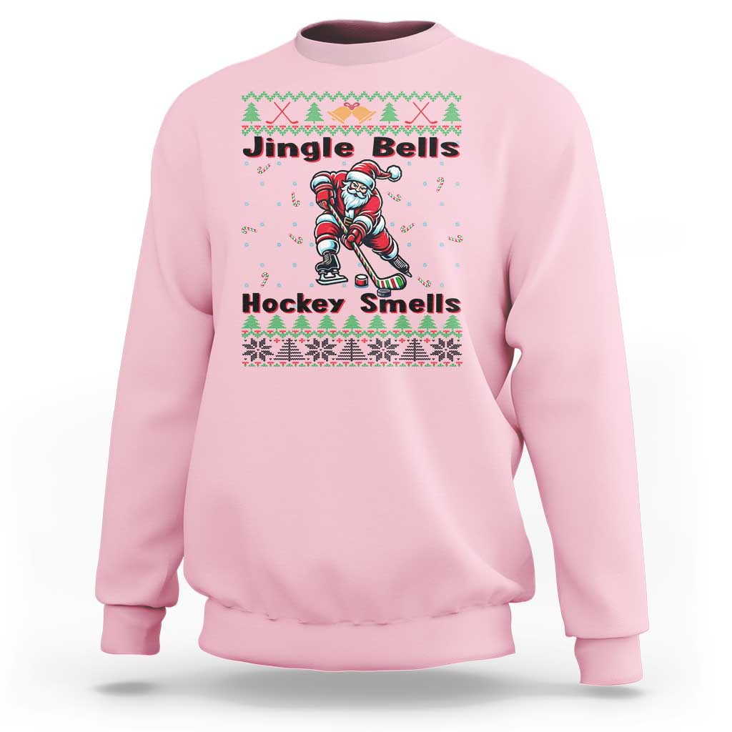 Ugly Christmas Sweater Santa Playing Hockey Sweatshirt Jingle Bells Hockey Smells - Wonder Print Shop