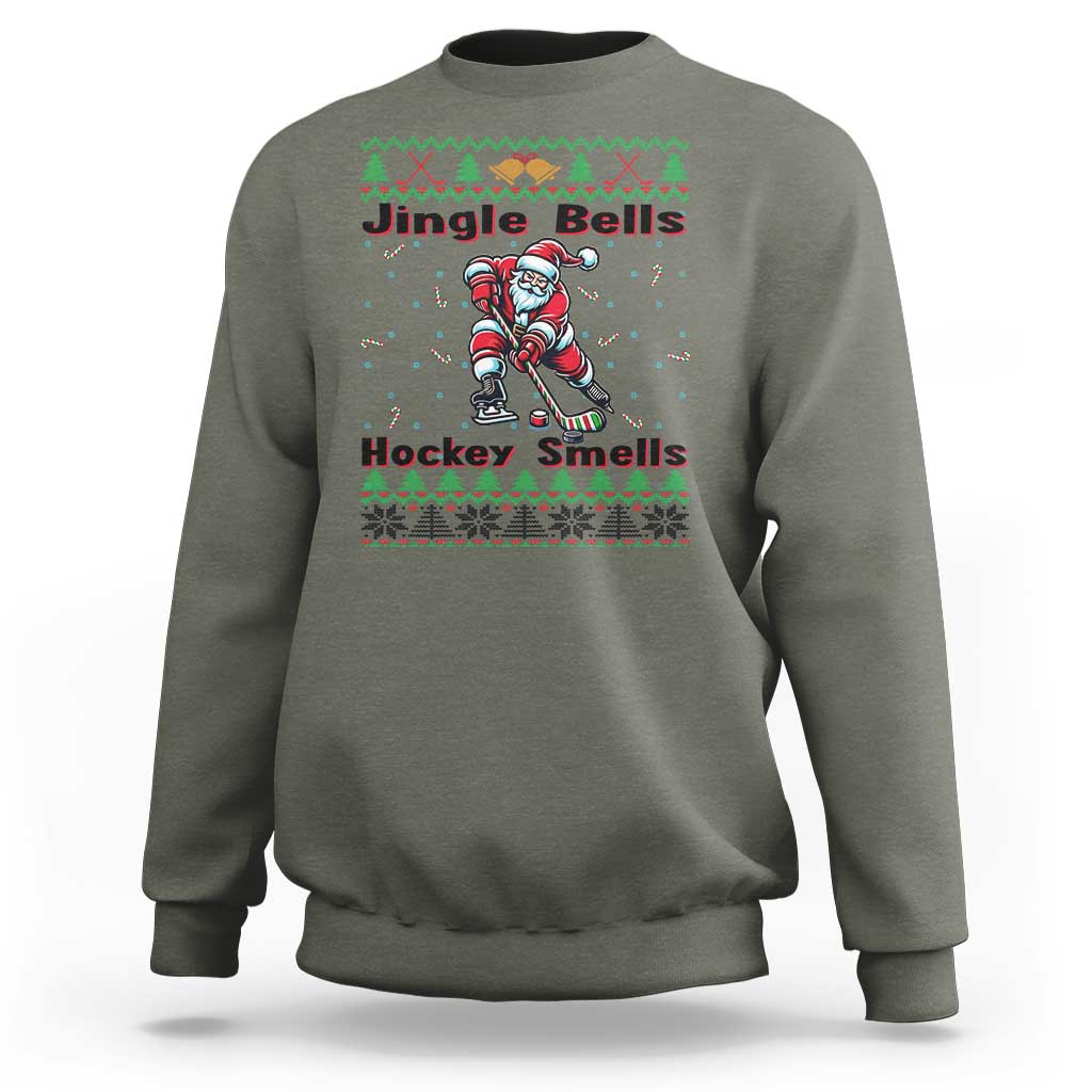 Ugly Christmas Sweater Santa Playing Hockey Sweatshirt Jingle Bells Hockey Smells - Wonder Print Shop