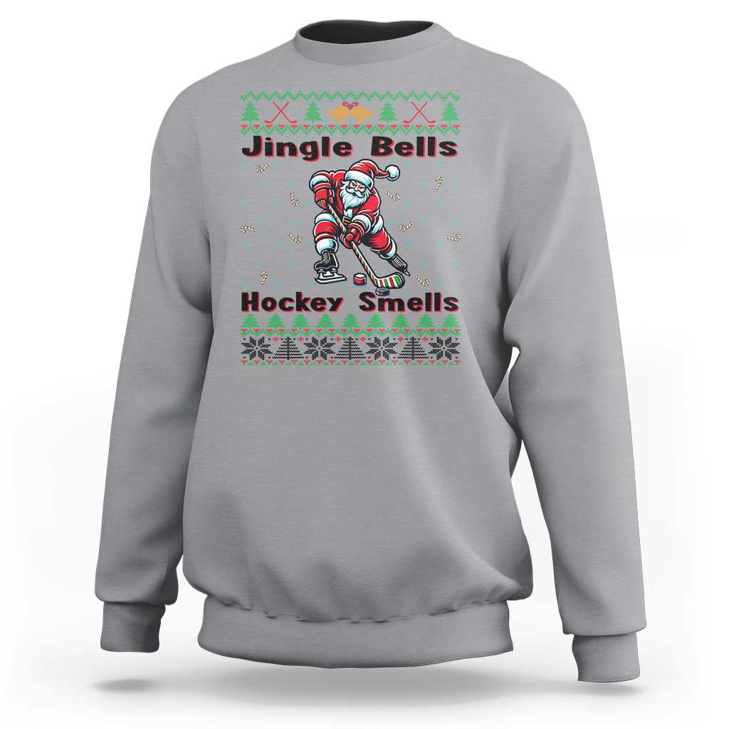 Ugly Christmas Sweater Santa Playing Hockey Sweatshirt Jingle Bells Hockey Smells - Wonder Print Shop