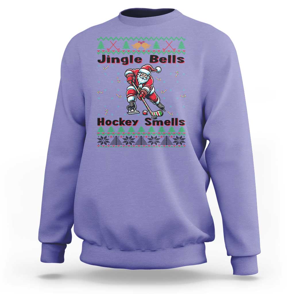 Ugly Christmas Sweater Santa Playing Hockey Sweatshirt Jingle Bells Hockey Smells - Wonder Print Shop