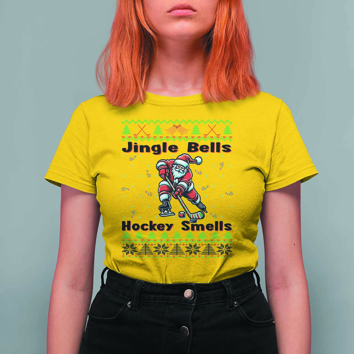Ugly Christmas Sweater Santa Playing Hockey T Shirt For Women Jingle Bells Hockey Smells - Wonder Print Shop