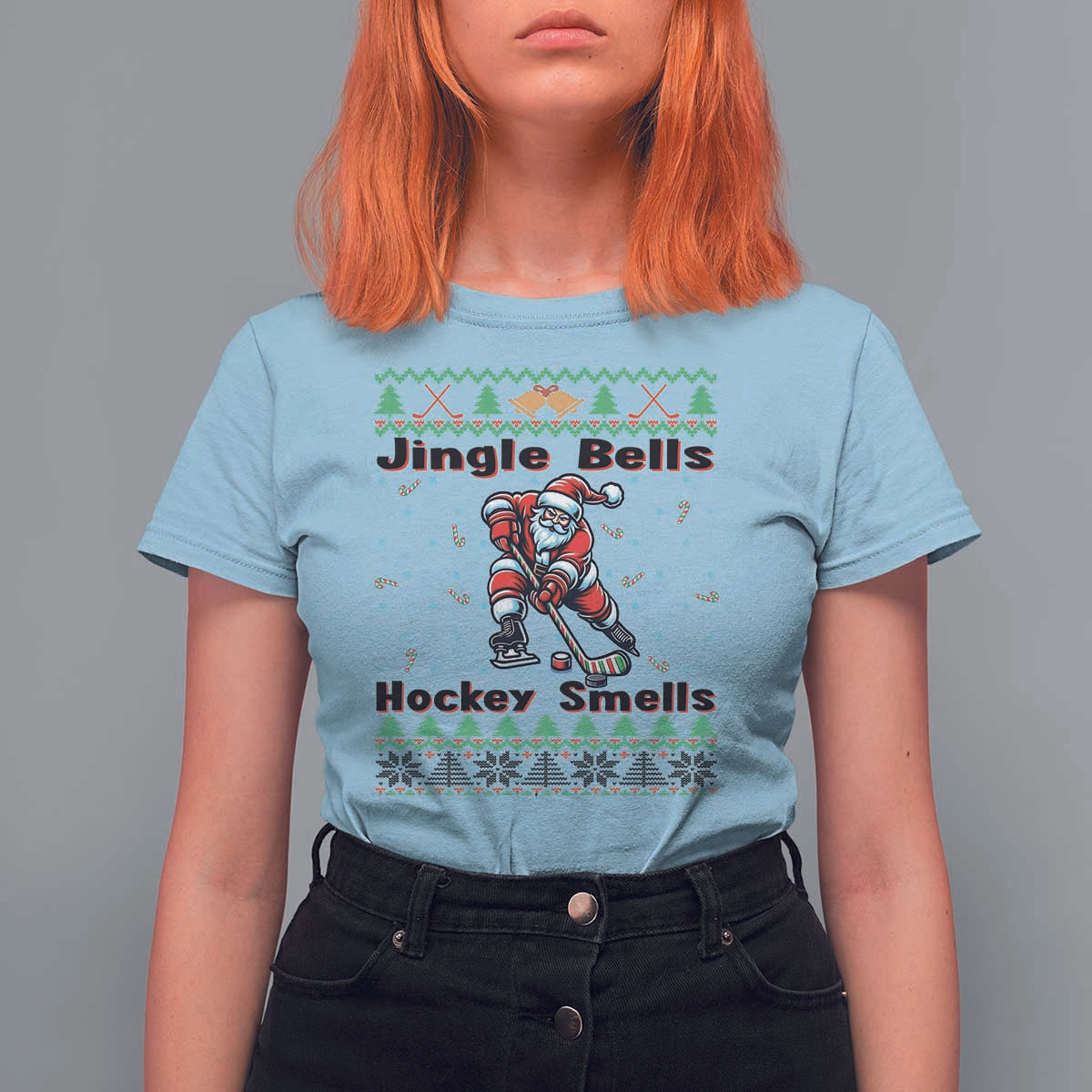 Ugly Christmas Sweater Santa Playing Hockey T Shirt For Women Jingle Bells Hockey Smells - Wonder Print Shop