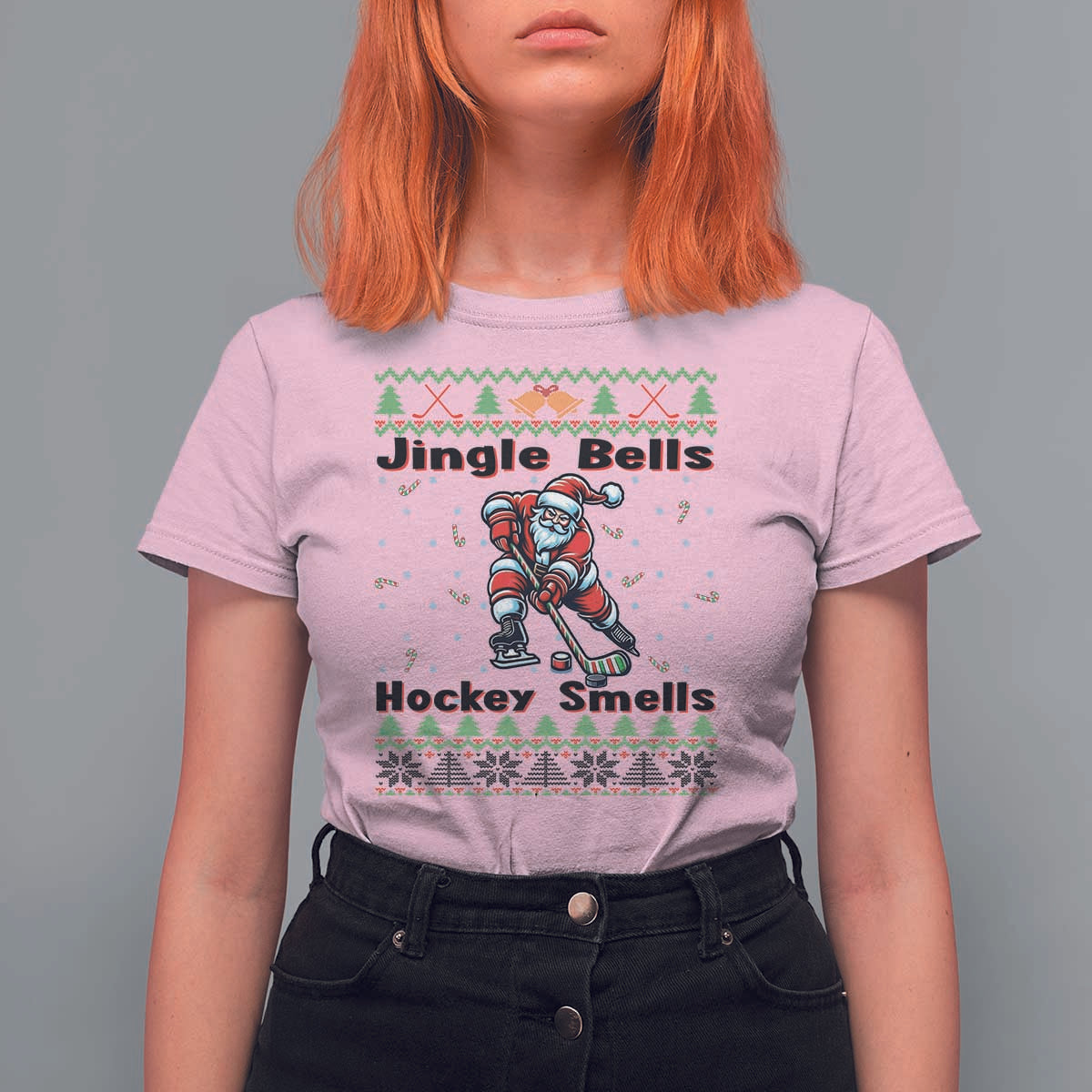 Ugly Christmas Sweater Santa Playing Hockey T Shirt For Women Jingle Bells Hockey Smells - Wonder Print Shop
