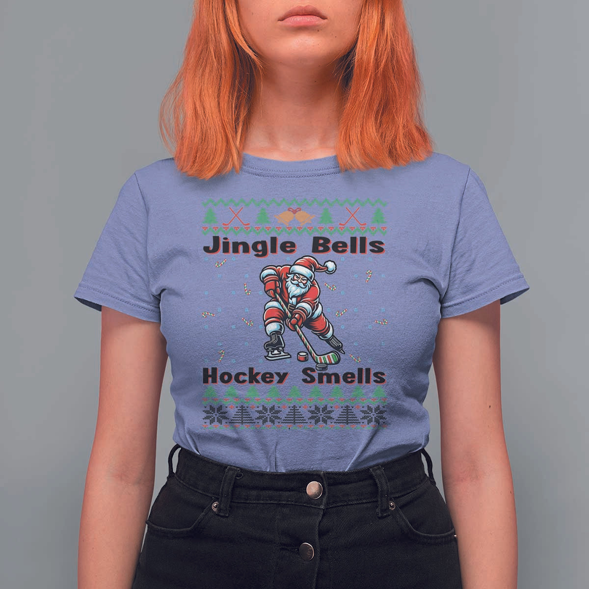 Ugly Christmas Sweater Santa Playing Hockey T Shirt For Women Jingle Bells Hockey Smells - Wonder Print Shop