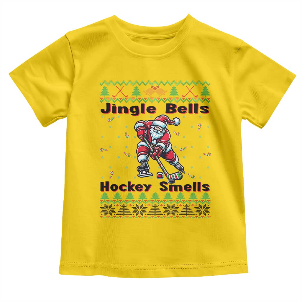 Ugly Christmas Sweater Santa Playing Hockey Toddler T Shirt Jingle Bells Hockey Smells - Wonder Print Shop