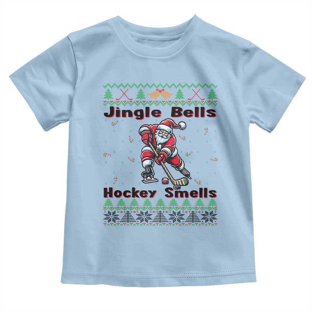 Ugly Christmas Sweater Santa Playing Hockey Toddler T Shirt Jingle Bells Hockey Smells - Wonder Print Shop