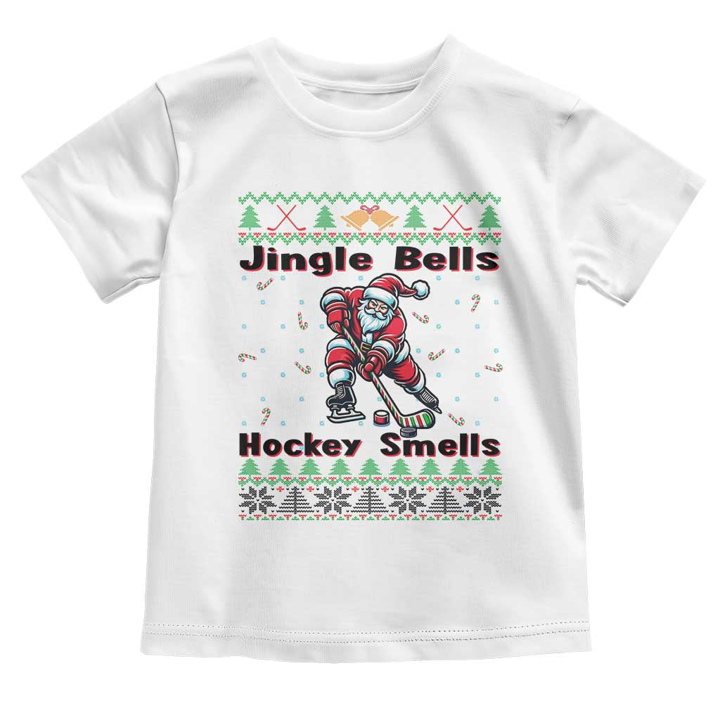 Ugly Christmas Sweater Santa Playing Hockey Toddler T Shirt Jingle Bells Hockey Smells - Wonder Print Shop