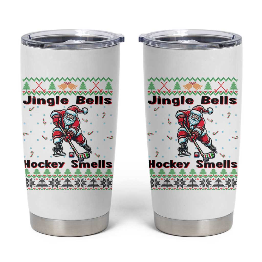 Ugly Christmas Sweater Santa Playing Hockey Tumbler Cup Jingle Bells Hockey Smells - Wonder Print Shop