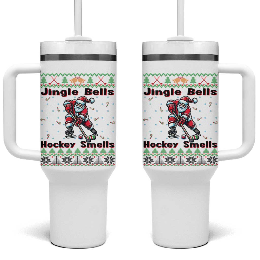 Ugly Christmas Sweater Santa Playing Hockey Tumbler With Handle Jingle Bells Hockey Smells - Wonder Print Shop