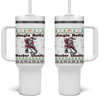 Ugly Christmas Sweater Santa Playing Hockey Tumbler With Handle Jingle Bells Hockey Smells - Wonder Print Shop