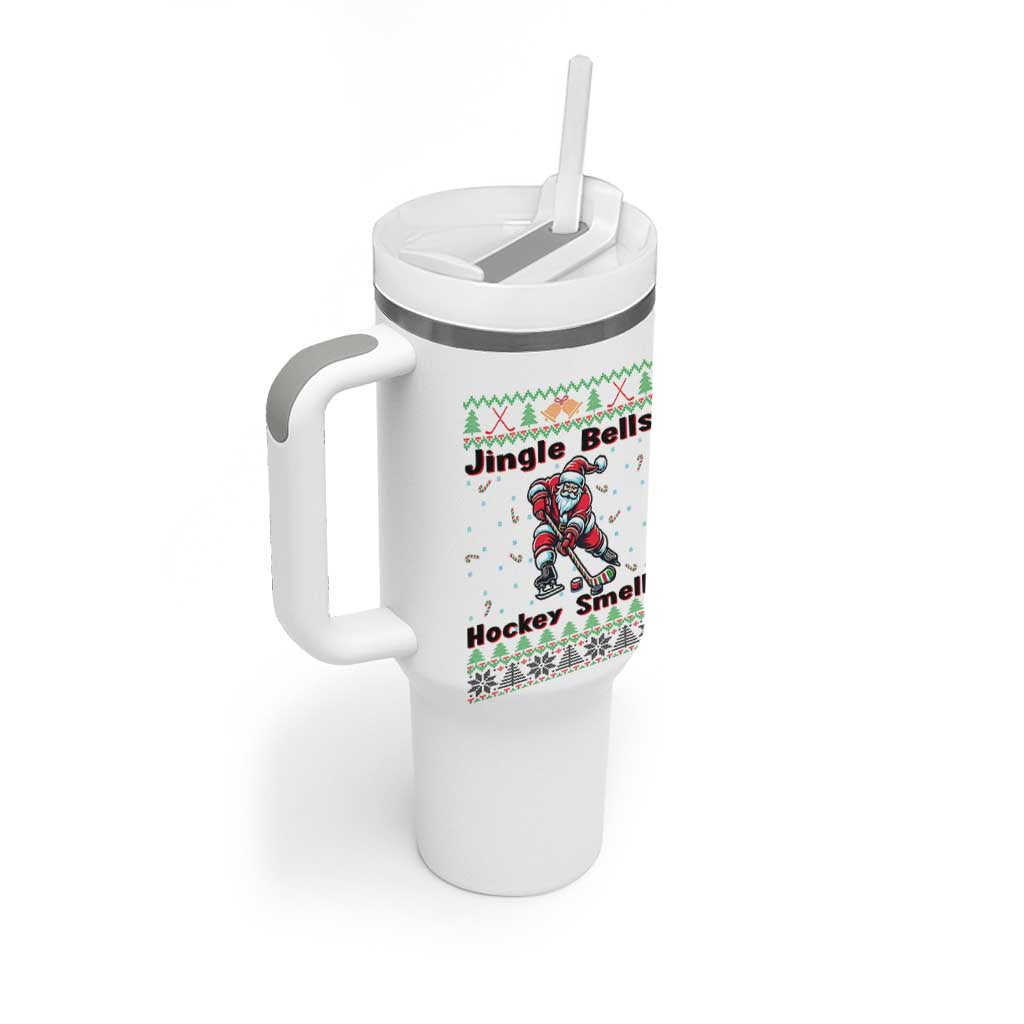 Ugly Christmas Sweater Santa Playing Hockey Tumbler With Handle Jingle Bells Hockey Smells - Wonder Print Shop