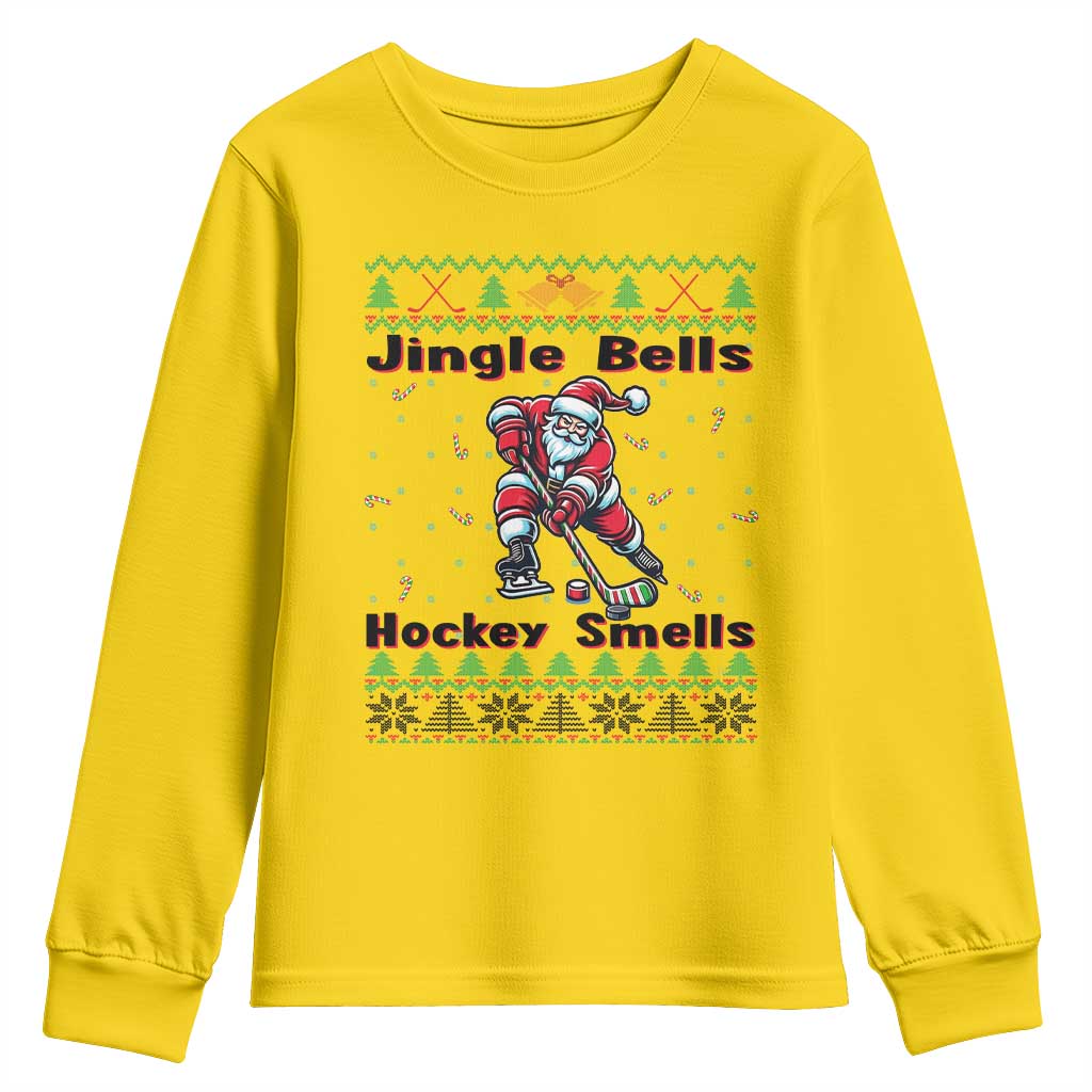 Ugly Christmas Sweater Santa Playing Hockey Youth Sweatshirt Jingle Bells Hockey Smells - Wonder Print Shop