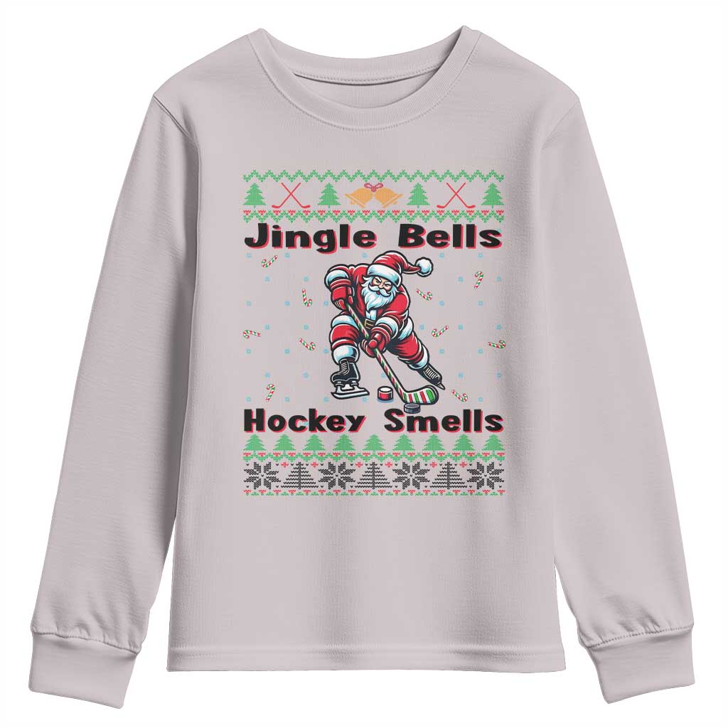 Ugly Christmas Sweater Santa Playing Hockey Youth Sweatshirt Jingle Bells Hockey Smells - Wonder Print Shop