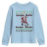 Ugly Christmas Sweater Santa Playing Hockey Youth Sweatshirt Jingle Bells Hockey Smells - Wonder Print Shop