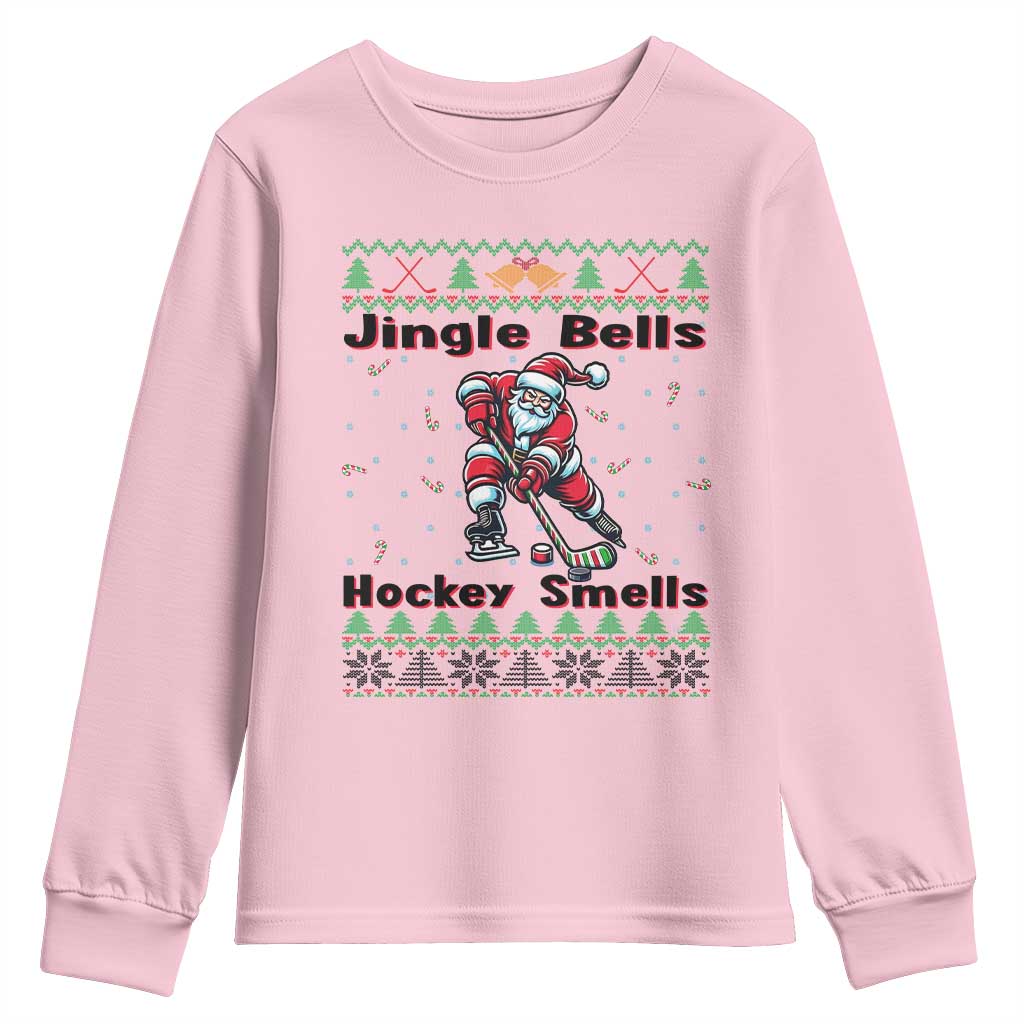 Ugly Christmas Sweater Santa Playing Hockey Youth Sweatshirt Jingle Bells Hockey Smells - Wonder Print Shop