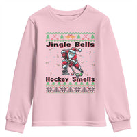 Ugly Christmas Sweater Santa Playing Hockey Youth Sweatshirt Jingle Bells Hockey Smells - Wonder Print Shop