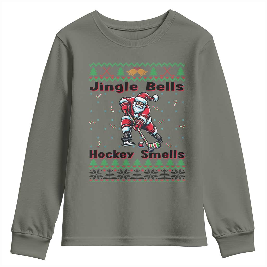 Ugly Christmas Sweater Santa Playing Hockey Youth Sweatshirt Jingle Bells Hockey Smells - Wonder Print Shop