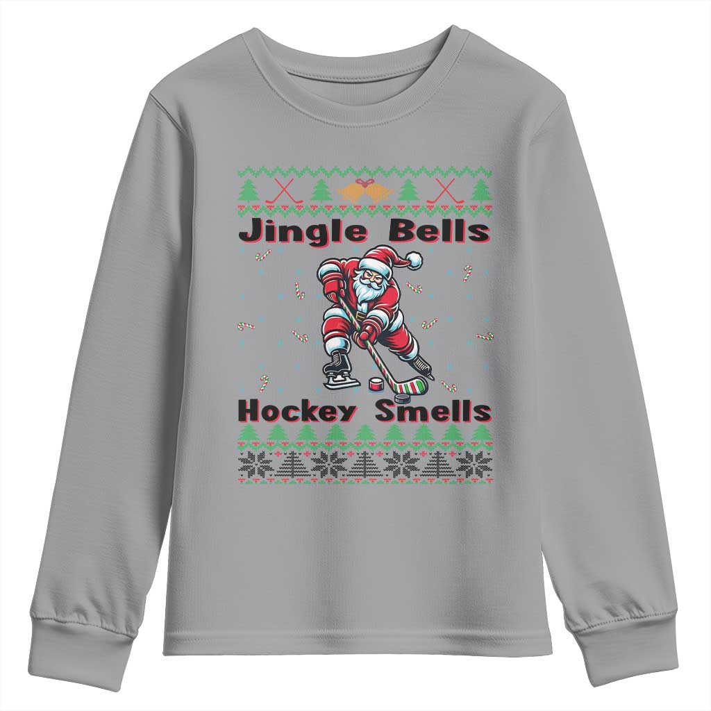 Ugly Christmas Sweater Santa Playing Hockey Youth Sweatshirt Jingle Bells Hockey Smells - Wonder Print Shop