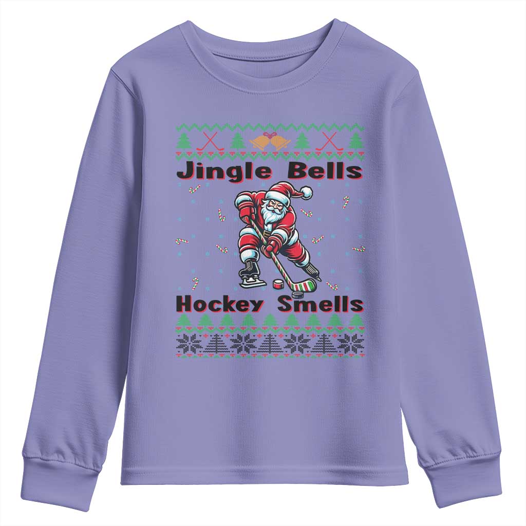 Ugly Christmas Sweater Santa Playing Hockey Youth Sweatshirt Jingle Bells Hockey Smells - Wonder Print Shop