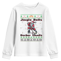 Ugly Christmas Sweater Santa Playing Hockey Youth Sweatshirt Jingle Bells Hockey Smells - Wonder Print Shop