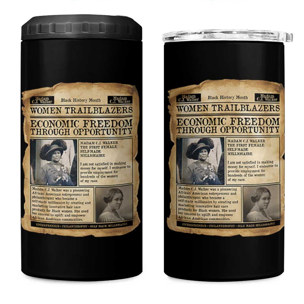 Madam CJ Walker Vintage Newspaper Style 4 in 1 Can Cooler Tumbler Economic Freedom Through Opportunity - Wonder Print Shop