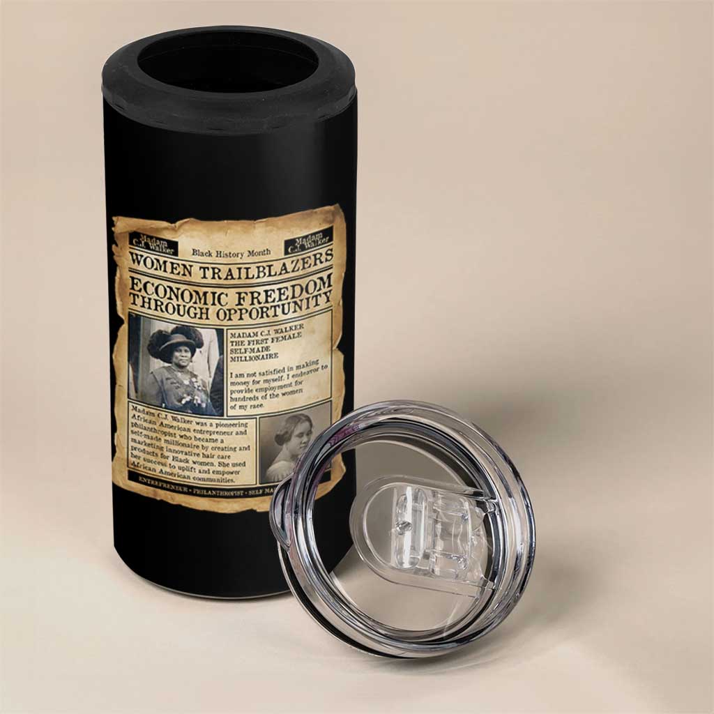 Madam CJ Walker Vintage Newspaper Style 4 in 1 Can Cooler Tumbler Economic Freedom Through Opportunity - Wonder Print Shop