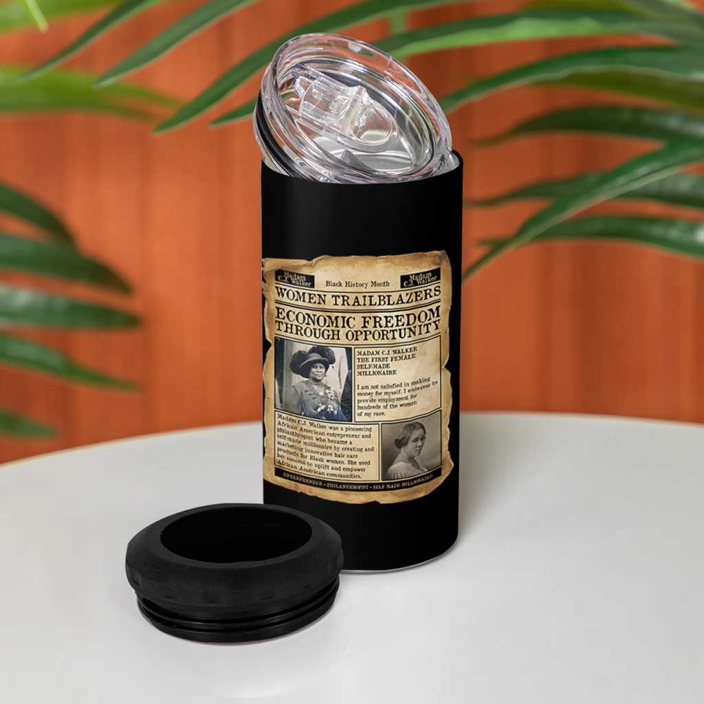 Madam CJ Walker Vintage Newspaper Style 4 in 1 Can Cooler Tumbler Economic Freedom Through Opportunity - Wonder Print Shop