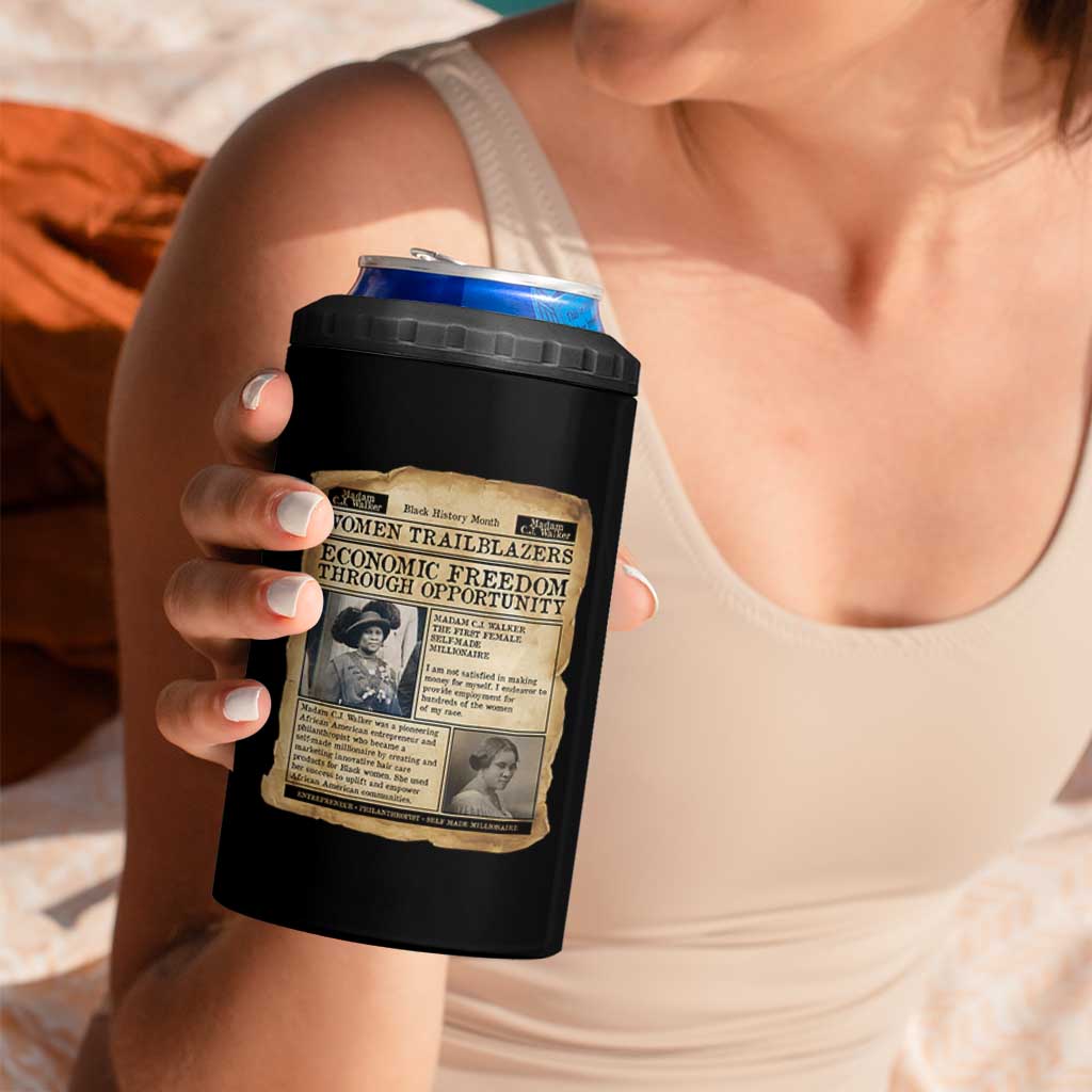 Madam CJ Walker Vintage Newspaper Style 4 in 1 Can Cooler Tumbler Economic Freedom Through Opportunity - Wonder Print Shop