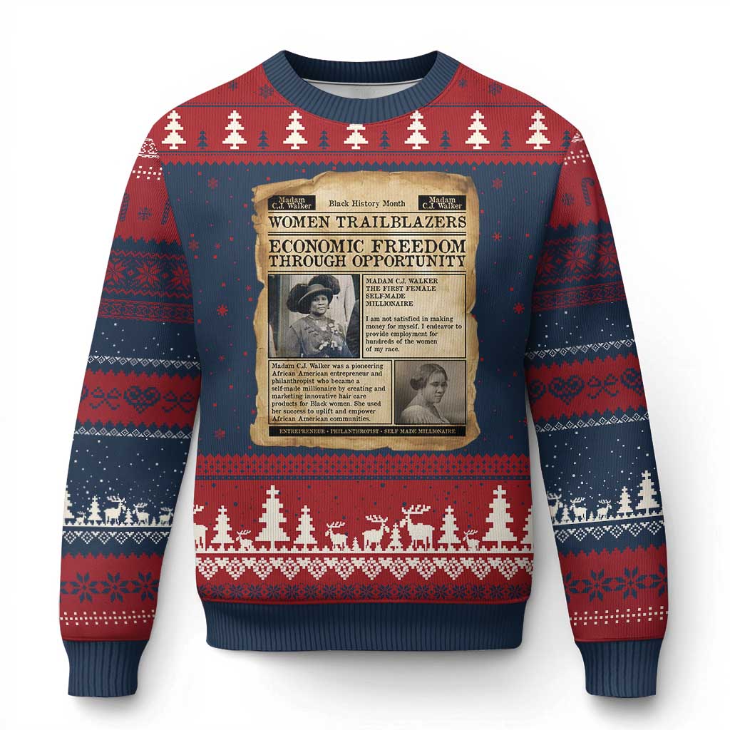 Madam CJ Walker Vintage Newspaper Style Ugly Christmas Sweater Economic Freedom Through Opportunity - Wonder Print Shop