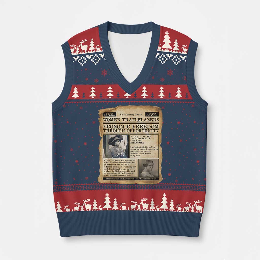 Madam CJ Walker Vintage Newspaper Style V-Neck Knit Sweater Vest Economic Freedom Through Opportunity - Wonder Print Shop