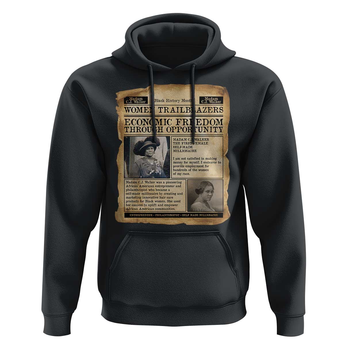 Madam CJ Walker Vintage Newspaper Style Hoodie Economic Freedom Through Opportunity - Wonder Print Shop