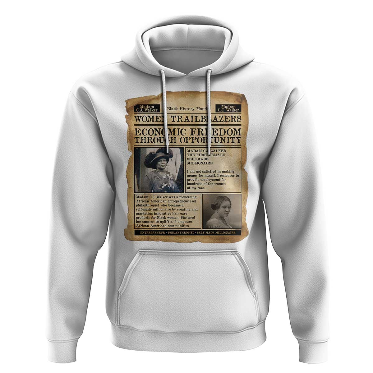 Madam CJ Walker Vintage Newspaper Style Hoodie Economic Freedom Through Opportunity - Wonder Print Shop