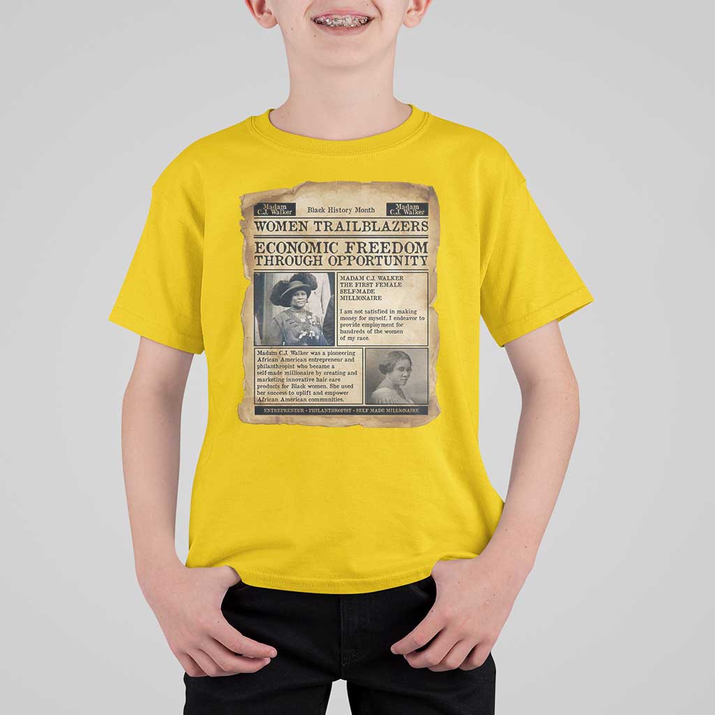 Madam CJ Walker Vintage Newspaper Style T Shirt For Kid Economic Freedom Through Opportunity - Wonder Print Shop