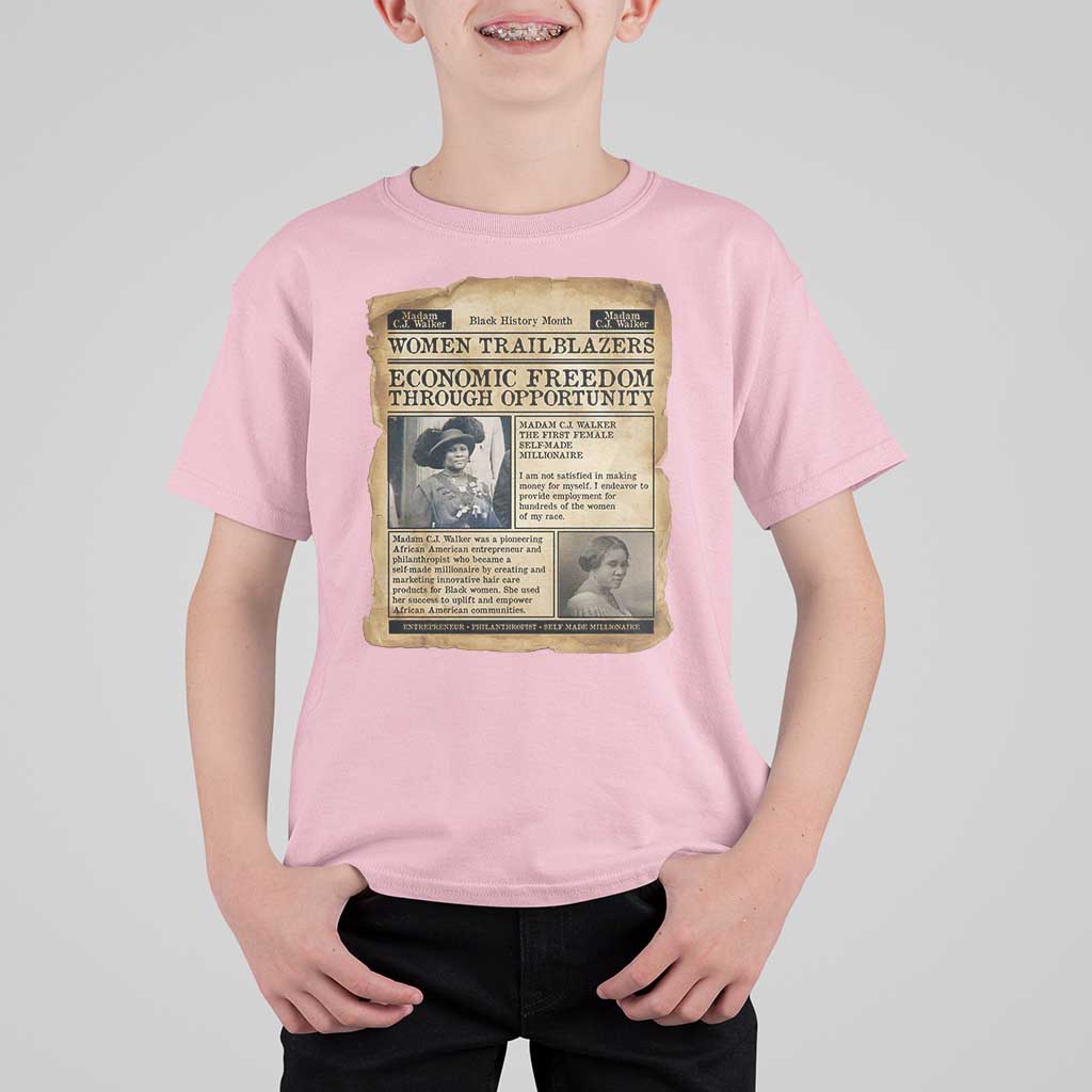 Madam CJ Walker Vintage Newspaper Style T Shirt For Kid Economic Freedom Through Opportunity - Wonder Print Shop