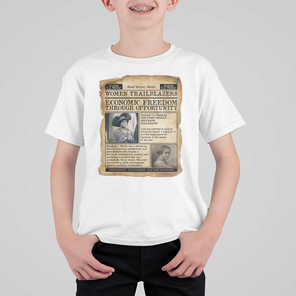 Madam CJ Walker Vintage Newspaper Style T Shirt For Kid Economic Freedom Through Opportunity - Wonder Print Shop