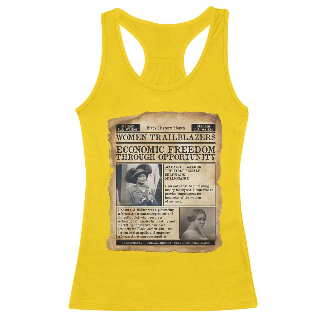 Madam CJ Walker Vintage Newspaper Style Racerback Tank Top Economic Freedom Through Opportunity - Wonder Print Shop
