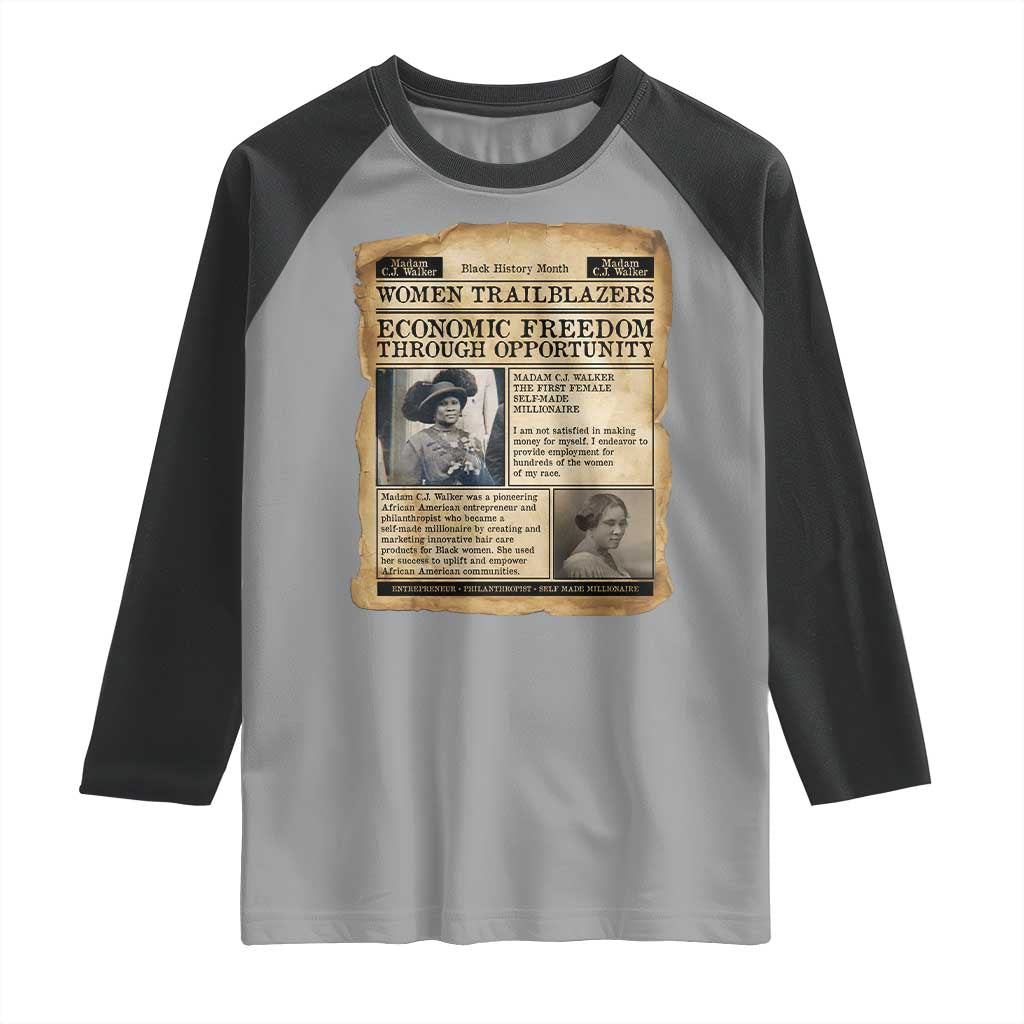 Madam CJ Walker Vintage Newspaper Style Raglan Shirt Economic Freedom Through Opportunity - Wonder Print Shop