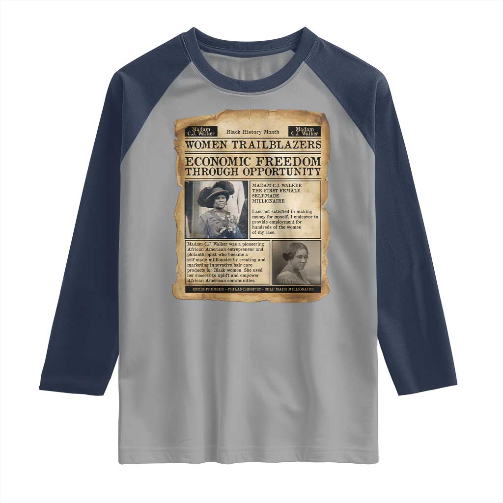 Madam CJ Walker Vintage Newspaper Style Raglan Shirt Economic Freedom Through Opportunity - Wonder Print Shop