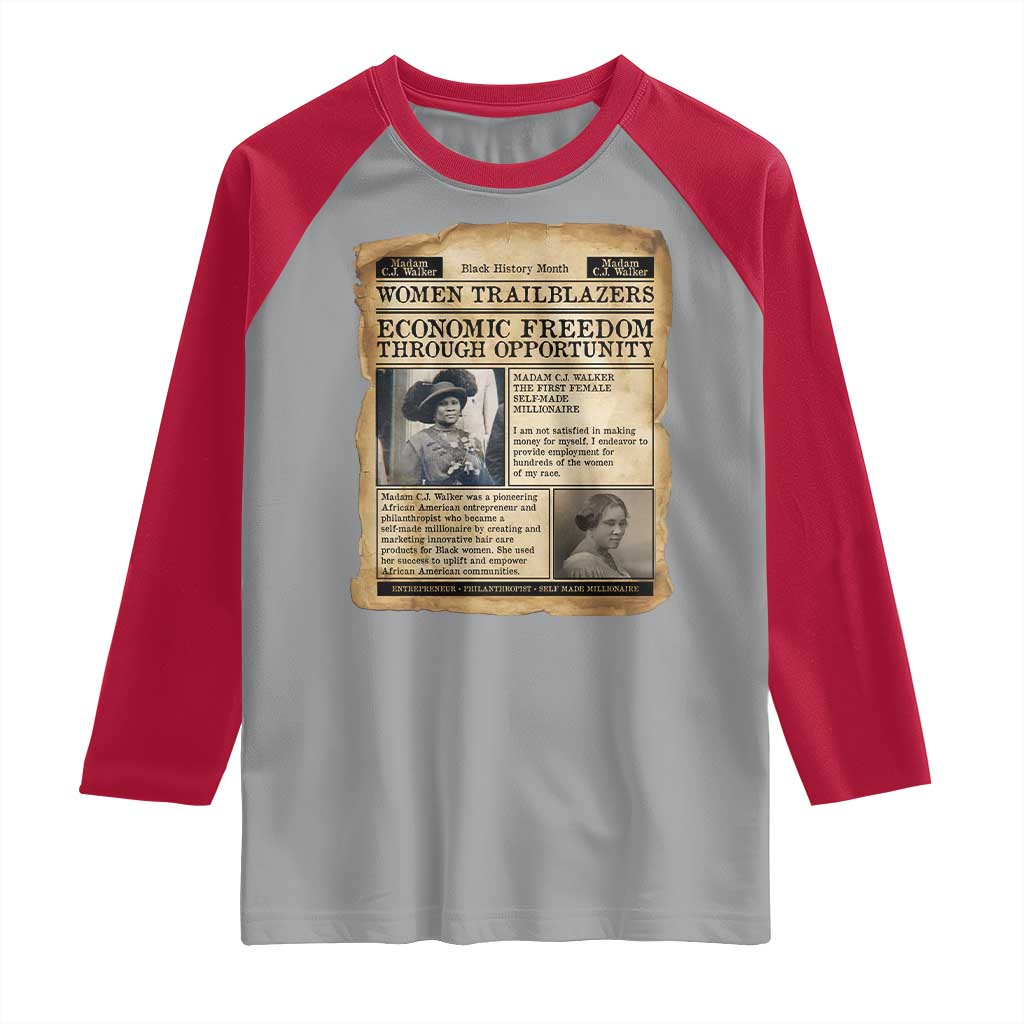 Madam CJ Walker Vintage Newspaper Style Raglan Shirt Economic Freedom Through Opportunity - Wonder Print Shop