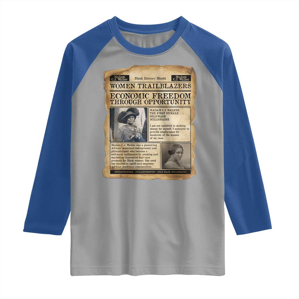 Madam CJ Walker Vintage Newspaper Style Raglan Shirt Economic Freedom Through Opportunity - Wonder Print Shop