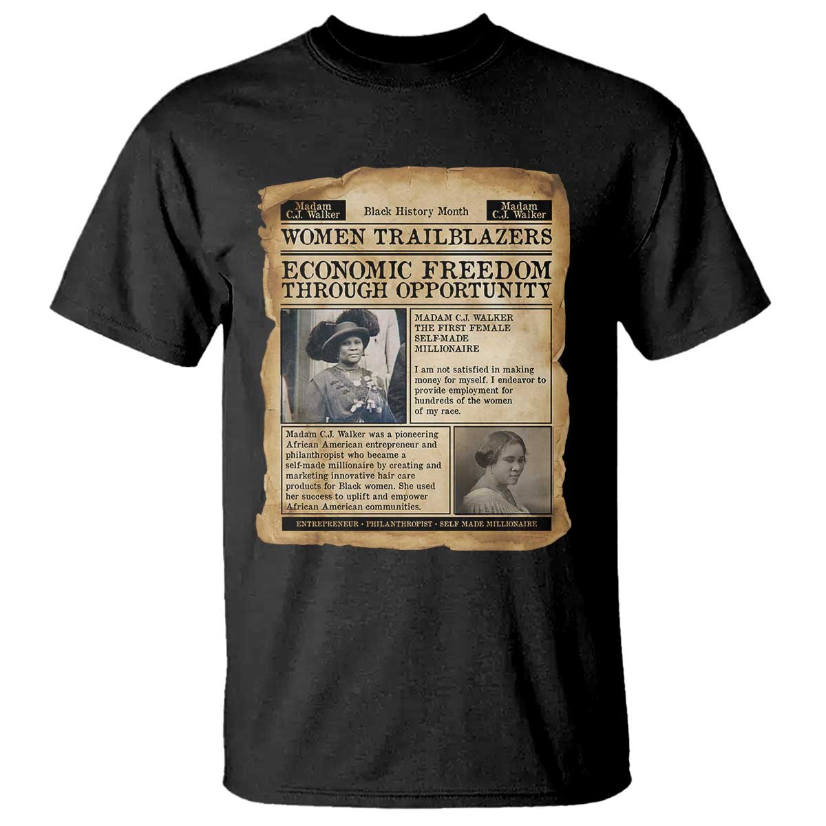 Madam CJ Walker Vintage Newspaper Style T Shirt Economic Freedom Through Opportunity - Wonder Print Shop